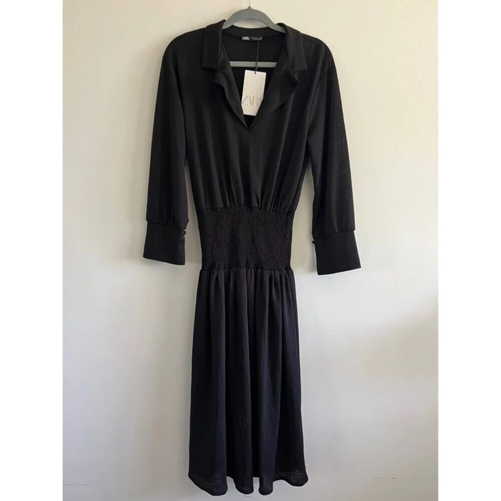 ZARA Black Lapel Collar Elastic Smocked Waist Long Sleeve Shirtdress  - S